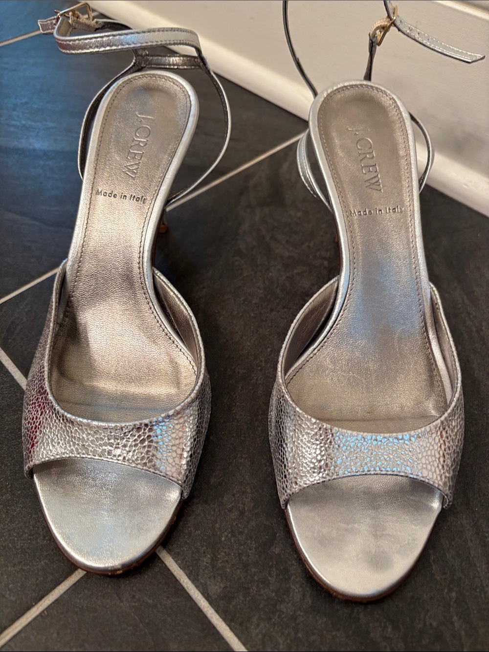 J. Crew Alessandra Metallic Peep-Toe Heels in Silver